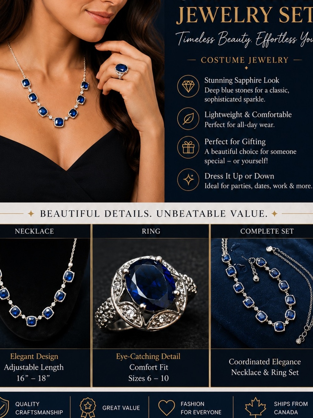 Blue Faceted Jewelry Set Necklace & Ring Silver Tone Size 10 Statement Jewelry